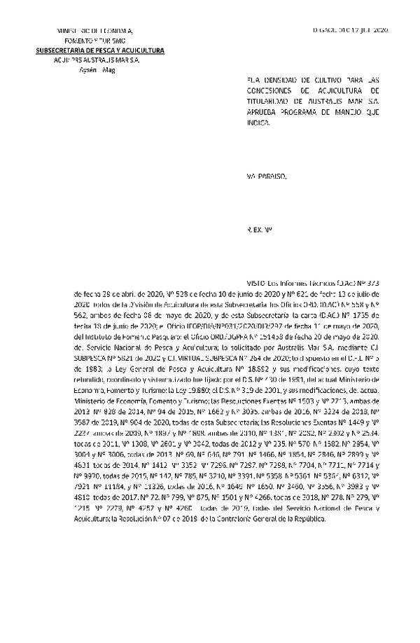  Res Ex N° 010-2020, Fija densidad de cultivo para las concesiones de acuicultura de titularidad de Australis Mar S.A. (Publicado en Página Web 21-07-2020).