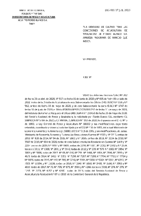 Res Ex N° 011-2020, Fija densidad de cultivo para las concesiones de acuicultura de titularidad de Fiordo Blanco S.A. (Publicado en Página Web 21-07-2020).