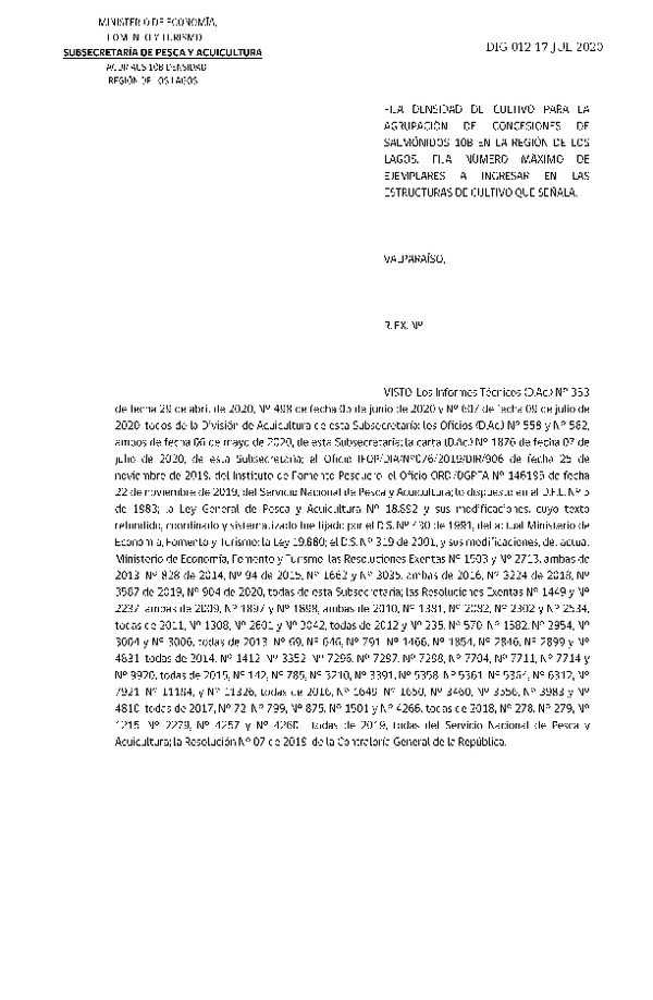 Res Ex N° 012-2020, Fija densidad de cultivo para las concesiones de acuicultura 10B, Región de Los Lagos. (Publicado en Página Web 21-07-2020).