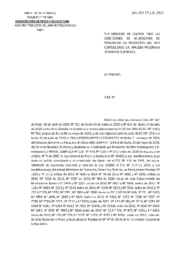 Res Ex N° 013-2020, Fija densidad de cultivo para las concesiones de acuicultura de titularidad de Productos del Mar Ventisqueros S.A. (Publicado en Página Web 21-07-2020).