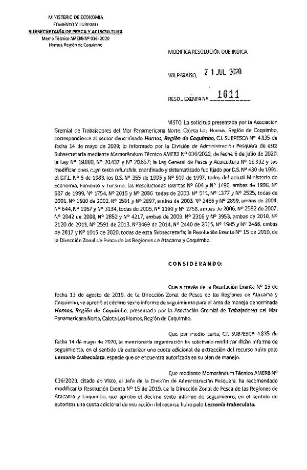 Res. Ex. N° 1611-2020 Modifica Res. Ex. N° 15-2019 (DZP Regiones de de Atacama y Coquimbo) 16° Seguimiento. (Publicado en Página Web 22-07-2020)