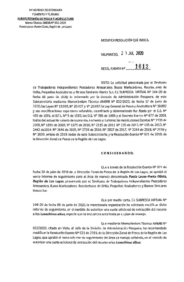 REs. Ex. N° 1612-2020 Modifica Res. Ex. N° 21-2019 (DZP Región de Los Lagos) 6° Seguimiento. (Publicado en Página Web 22-07-2020)