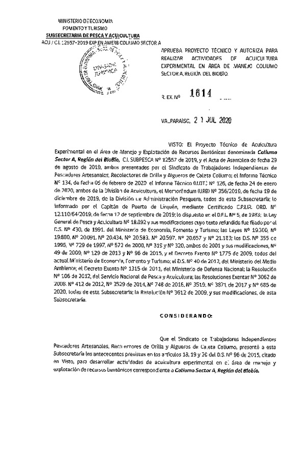 Res. Ex N° 1614-2020 Aprueba proyecto técnico y autoriza para realizar actividades de acuicultura experimental en Área de manejo Coliumo, Sector A, Región del Biobío. (Publicado en Página Web 22-07-2020).