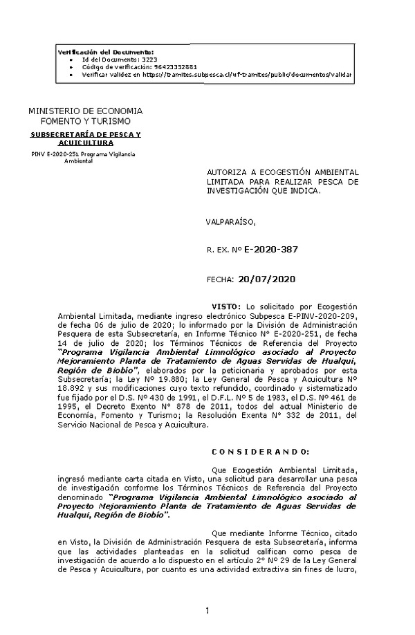 Programa Vigilancia Ambiental Limnológico asociado al Proyecto Mejoramiento Planta de Tratamiento de Aguas Servidas de Hualqui, Región de Biobí