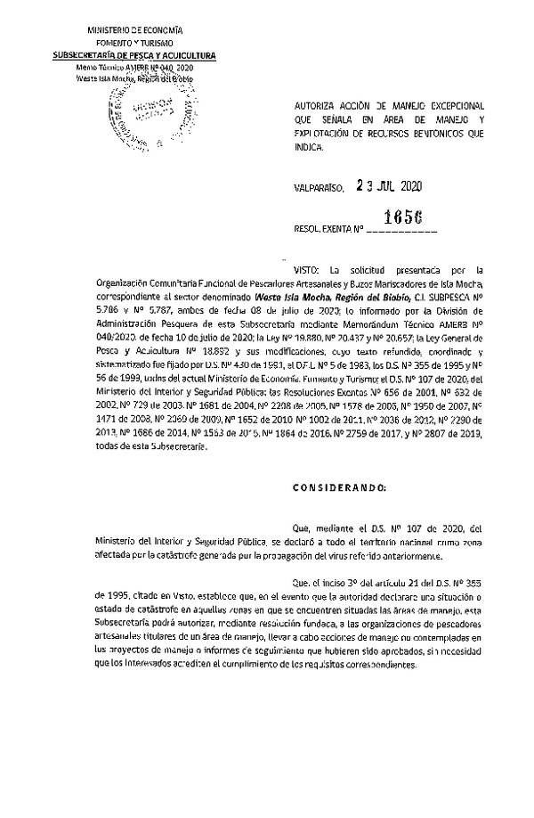 Res. Ex. N° 1656-2020 Autoriza acción de manejo excepcional que indica. (Publicado en Página Web 23-07-2020)