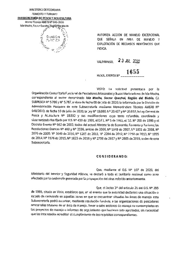 Res. Ex. N° 1655-2020 Autoriza acción de manejo excepcional que indica. (Publicado en Página Web 23-07-2020)