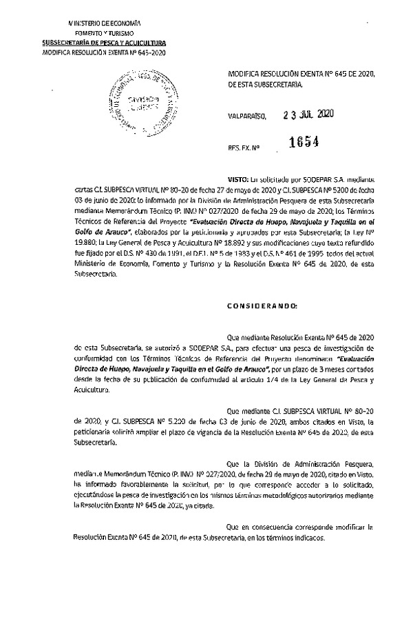 Res. Ex. N° 1654-2020 Modifica Res. Ex. N° 645-2020 Evaluación directa de Huepo, Navajuela y Talquilla en el Golfo de Arauco. (Publicado en Página Web 23-07-2020)