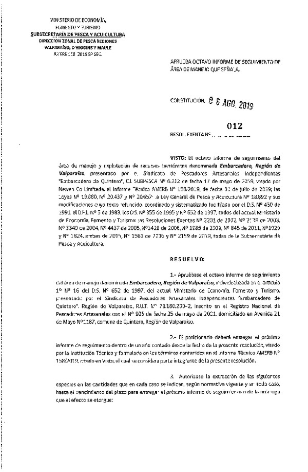 Res. Ex. N° 012-2019 (DZP Regiones Valparaíso, O'Higgins y Maule) 8° Seguimiento.