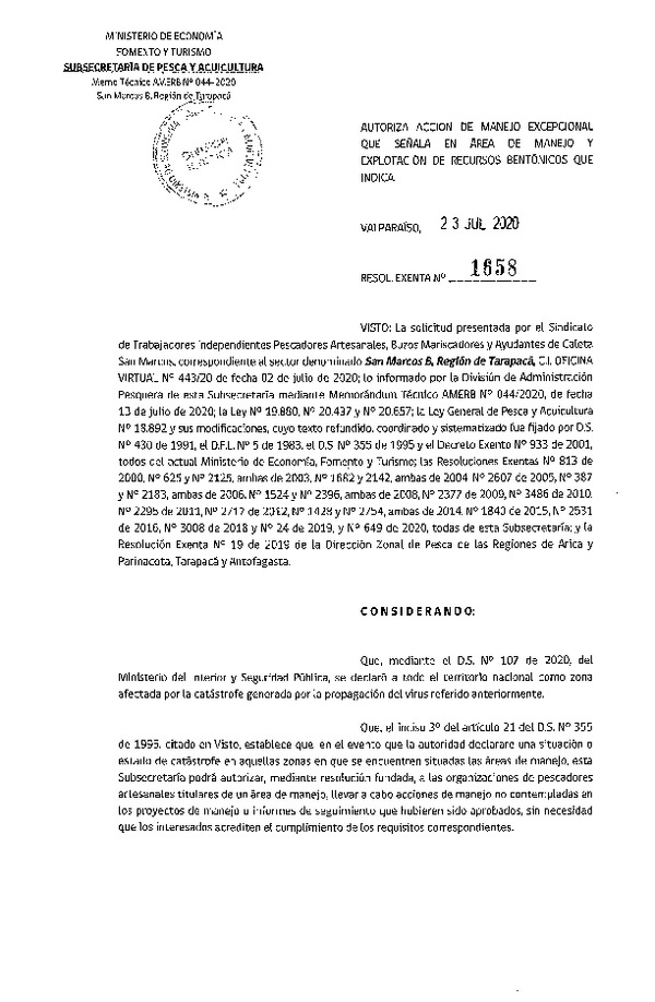 Res. Ex. N° 1658-2020 Autoriza acción de manejo excepcional. (Publicado en Página Web 27-07-2020)