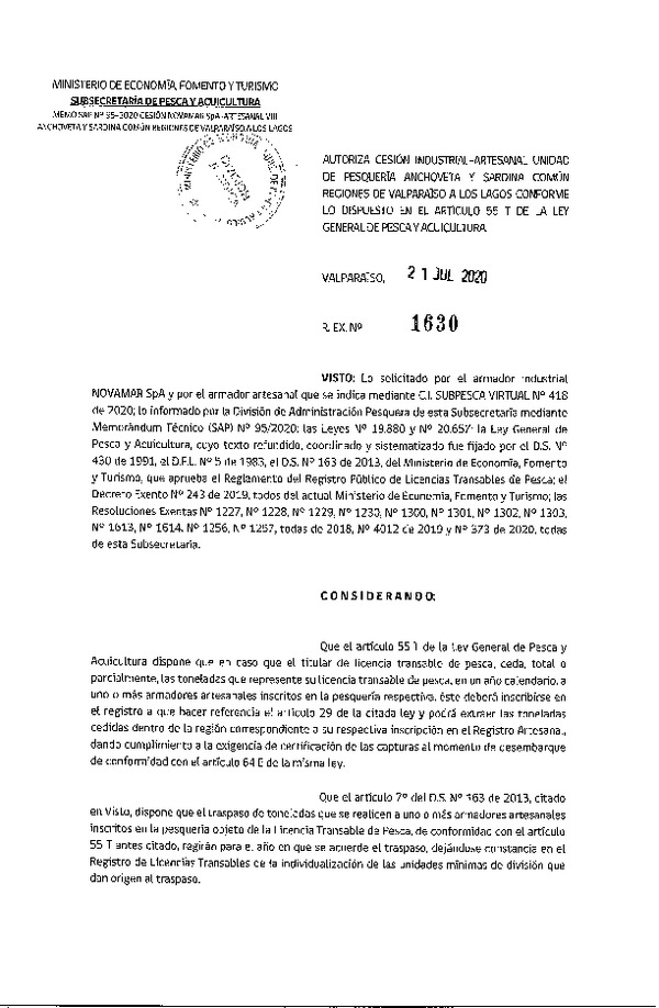 Res. Ex. N° 1630-2020 Autoriza Cesión anchoveta y sardina común Regiones Valparaíso-Los Lagos (Publicado en Página Web 27-07-2020).