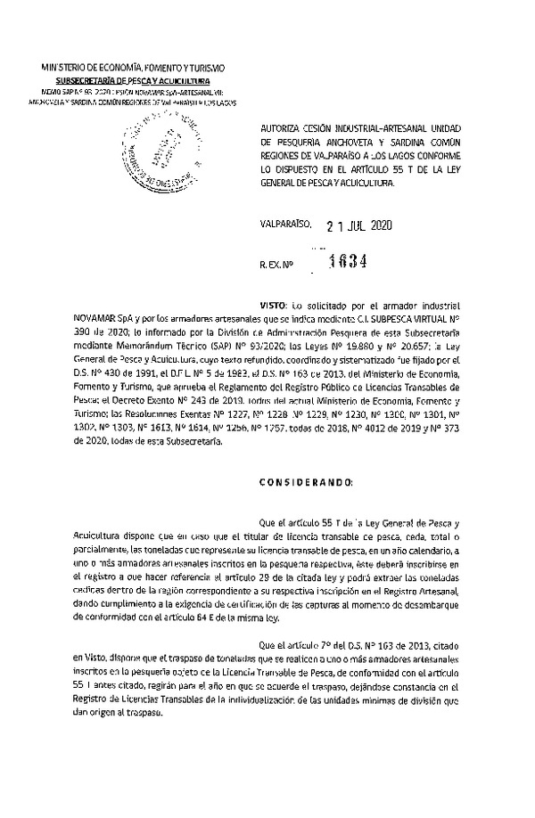 Res. Ex. N° 1634-2020 Autoriza Cesión anchoveta y sardina común Regiones Valparaíso-Los Lagos (Publicado en Página Web 27-07-2020).