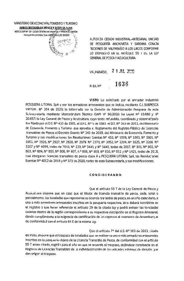 Res. Ex. N° 1636-2020 Autoriza Cesión anchoveta y sardina común Regiones Valparaíso-Los Lagos (Publicado en Página Web 27-07-2020).