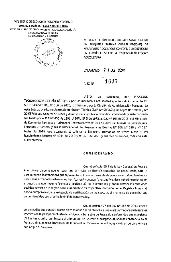 Res. Ex. N° 1637-2020 Autoriza Cesión anchoveta y sardina común Regiones Valparaíso-Los Lagos (Publicado en Página Web 27-07-2020).