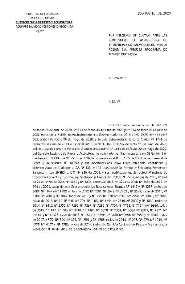 Res. Ex N° DIG 002-2020, Fija densidad de cultivo para las concesiones de acuicultura de titularidad de Salmoconcesiones S.A., Aprueba programa de manejo que indica. (Publicado en Página Web 13-07-2020).