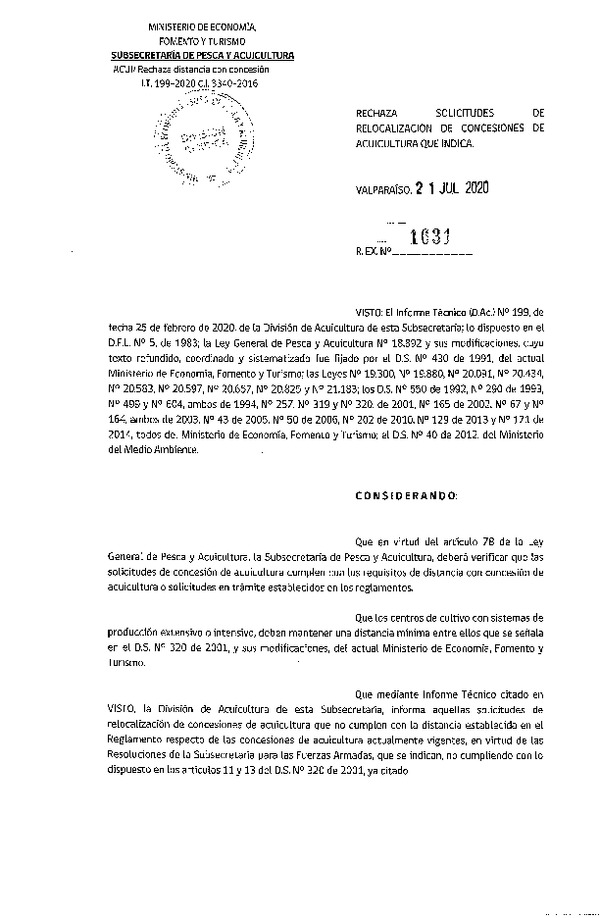 Res. Ex. N° 1631-2020 Rechaza solicitudes de relocalización de concesiones de acuicultura que indica.