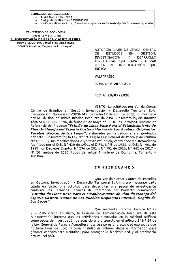 R. EX. Nº E-2020-394 Estudio de Línea Base Para el Establecimiento de Plan de Manejo del Espacio Costero Marino de Los Pueblos Originarios Pucatué, Región de Los Lagos. (Publicado en Página Web 29-07-2020)