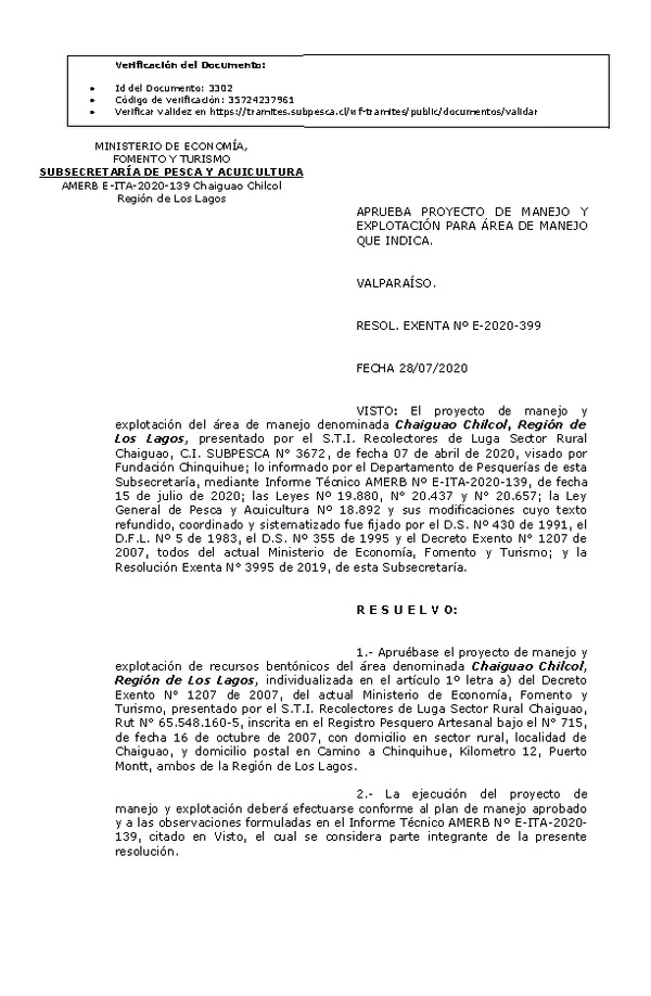 RESOL. EXENTA Nº E-2020-399 Plan de Manejo. (Publicado en Página Web 29-07-2020)