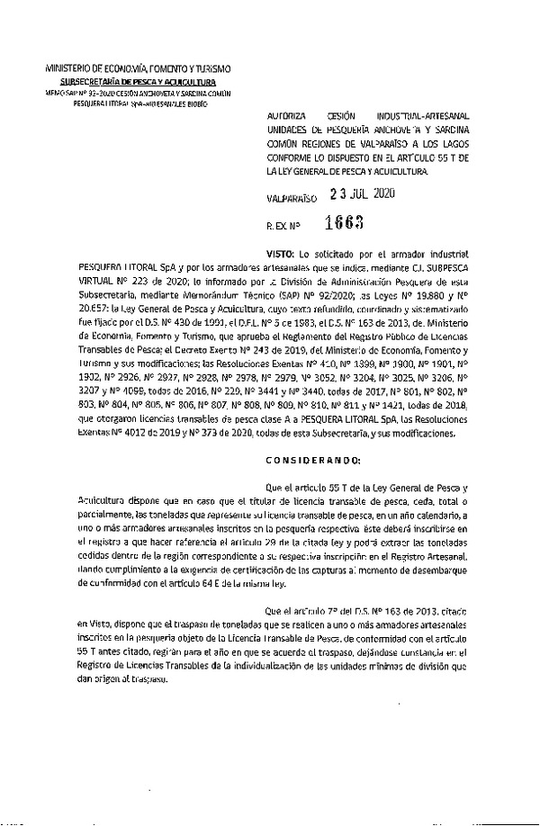 Res. Ex. N° 1663-2020 Autoriza Cesión anchoveta y sardina común Regiones Valparaíso-Los Lagos (Publicado en Página Web 29-07-2020).