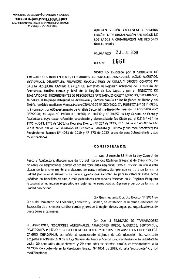 Res. Ex. N° 1660-2020 Autoriza Cesión anchoveta y sardina común Regiones Los Lagos a Ñuble-Biobío. (Publicado en Página Web 29-07-2020).