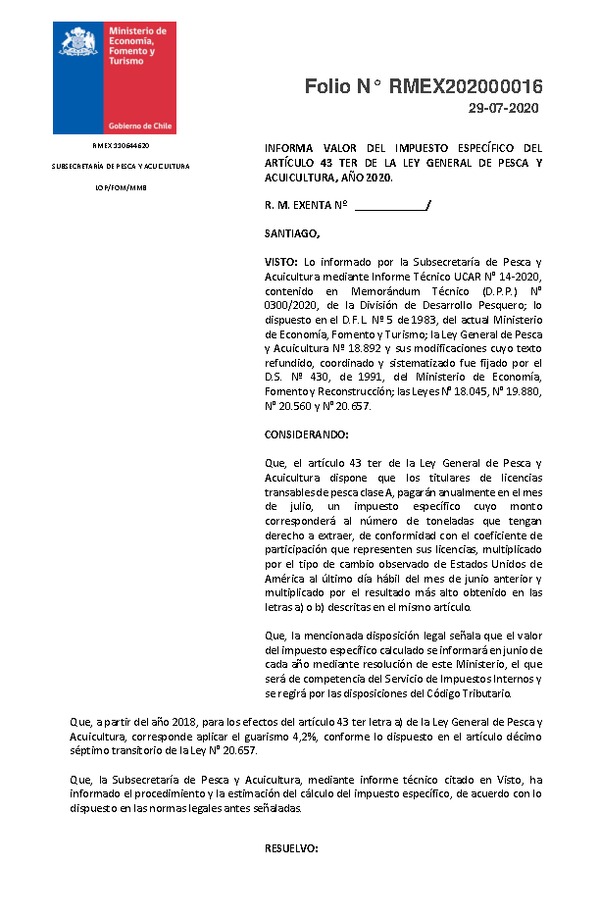 Folio N° RMEX202000016 Informa Valor del Impuesto Específico del Artículo 43 Ter de la Ley General de Pesca y Acuicultura, Año 2020. (Publicado en Página Web 29-07-2020)