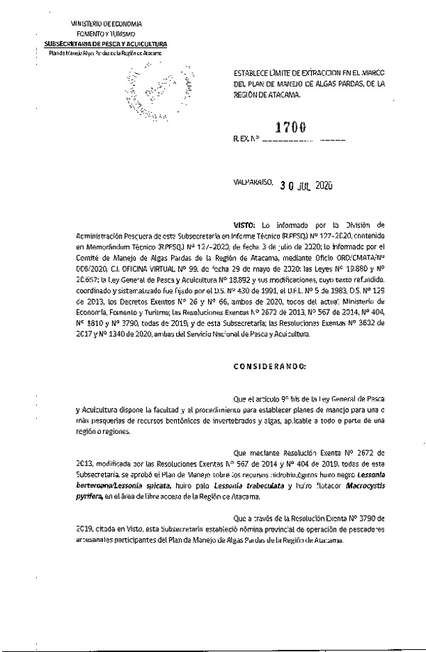 Res. Ex. Nº 1700-2020 Establece Límite de Extracción en el Marco del Plan de Manejo de Algas Pardas, Región de Atacama. (Publicado en Página Web 30-07-2020)