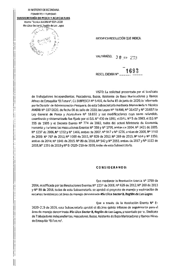 Res. Ex. N° 1693-2020 Modifica R. Ex. N° 1799-2004 Plan de Manejo. (Publicado en Página Web 31-07-2020)