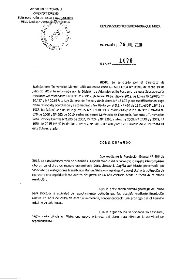 Res. Ex. N° 1679-2020 Deniega Prorroga Repoblamiento. (Publicado en Página Web 31-07-2020)