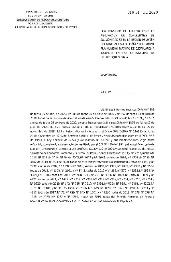 Res Ex N° DIG 019-2020, Fija densidad de cultivo para las agrupación de concesiones de acuicultura de salmónidos 32. (Publicado en Página Web 03-08-2020).