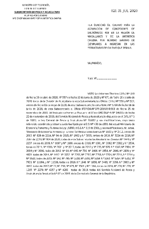 Res Ex N° DIG 021-2020, Fija densidad de cultivo para las agrupación de concesiones de salmónidos 49B. (Publicado en Página Web 03-08-2020).