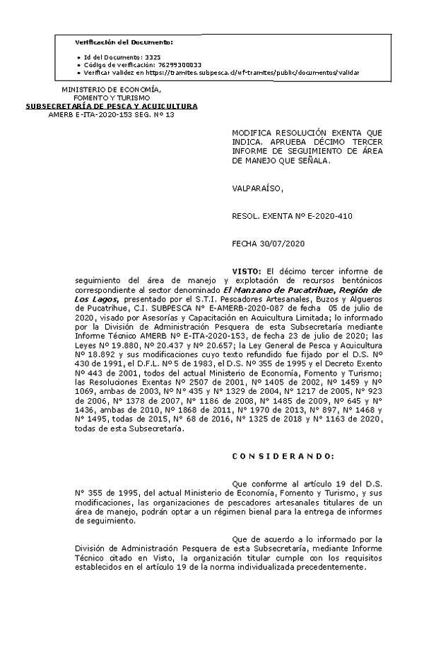 RESOL. EXENTA Nº E-2020-410 Modifica Resolución que Indica. Aprueba 13° Seguimiento. (Publicado en Página Web 03-08-2020)