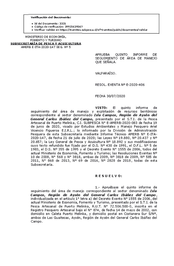RESOL. EXENTA Nº E-2020-406 5° Seguimiento. (Publicado en Página Web 03-08-2020)