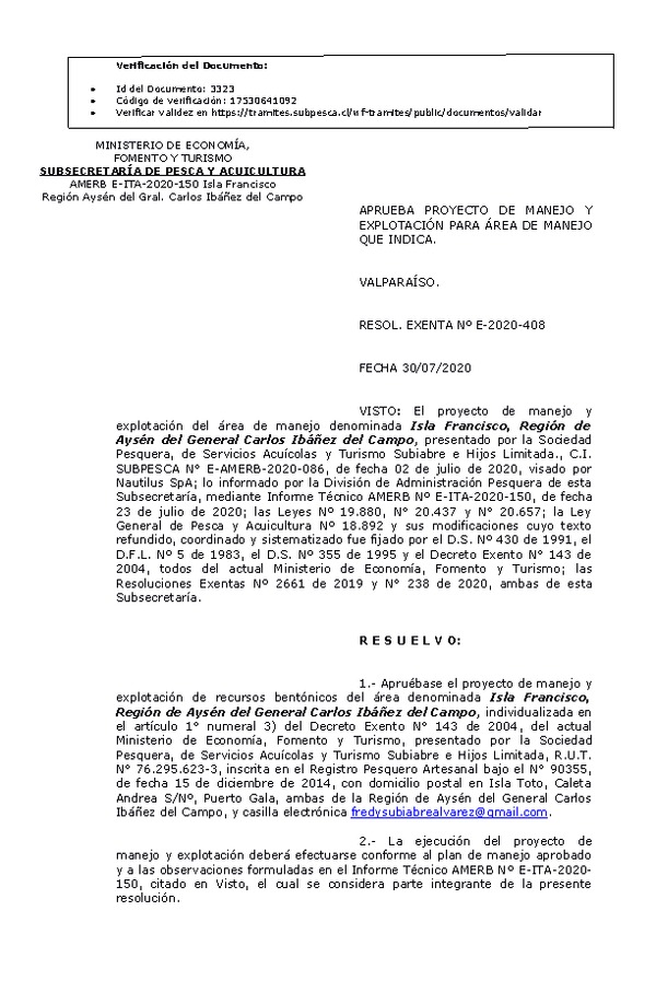 RESOL. EXENTA Nº E-2020-408 Plan de Manejo. (Publicado en Página Web 03-08-2020)