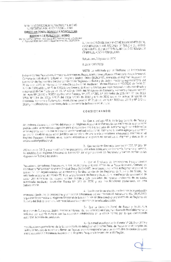 Res Ex N° 0092-2020, (DZP Biobío-Ñuble), Autoriza cesión Sardina Común y Anchoveta Región de Ñuble-Biobío (Publicado en Página Web 03-08-2020)