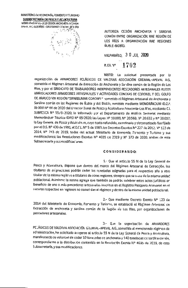 Res. Ex. N° 1702-2020 Autoriza Cesión anchoveta y sardina común Regiones del Los Ríos a Ñuble-Biobío. (Publicado en Página Web 03-08-2020).