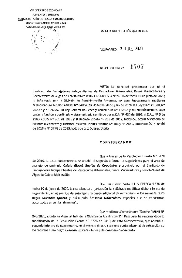 Res. Ex. N° 1707-2020 Modifica Res Ex. N° 3778-2019, 2° Seguimiento. (Publicado en Página Web 03-08-2020)