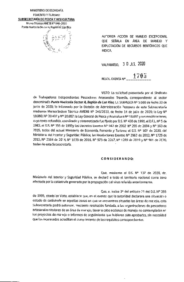 Res. Ex. N° 1705-2020 Autoriza acción de manejo excepcional que señala. (Publicado en Página Web 03-08-2020)