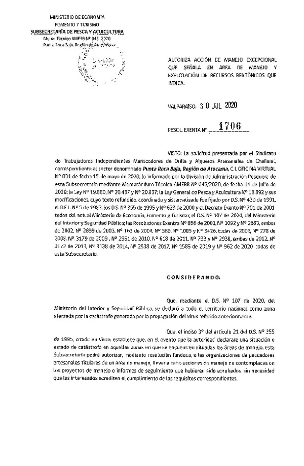 Res. Ex. N° 1706-2020 Autoiriza acción de manejo excepcional que señala. (Publicado en Página Web 03-08-2020)