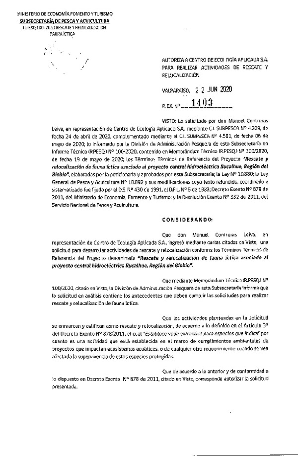 es. Ex. N° 1403-2020 Rescate y relocalización fauna íctitca, Región del Biobío