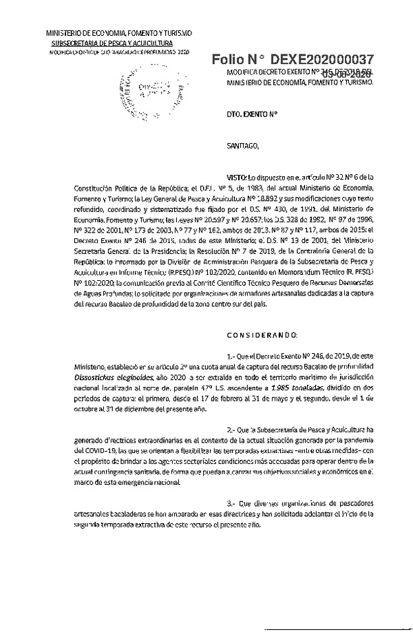 Dec. Ex. 037-2020 Modifica Dec. Ex. N° 246-2019 Establece Cuotas Anuales de Captura Especie Bacalao de Profundidad, Año 2020. (Publicado en Página Web 04-08-2020)