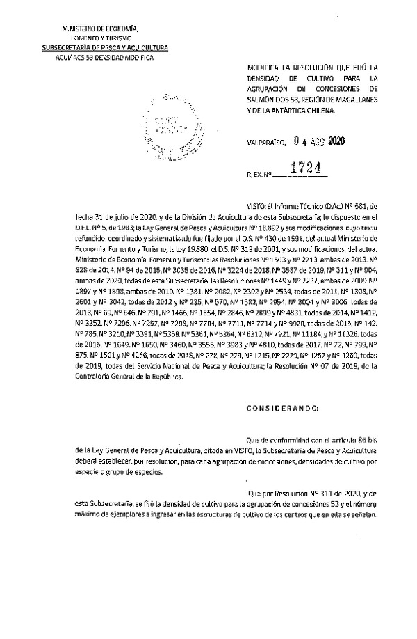 Res. Ex. N° 1724-2020 Modifica Res. Ex. N° 311-2020, Fija densidad de Cultivo para la Agrupación de concesiones de Salmónidos 53, en la Región de Magallanes y de la Antártica Chilena. Fija Número máximo de ejemplares a ingresar en las estructuras de cultivo que señala. (Publicado en Página Web 05-08-2020)