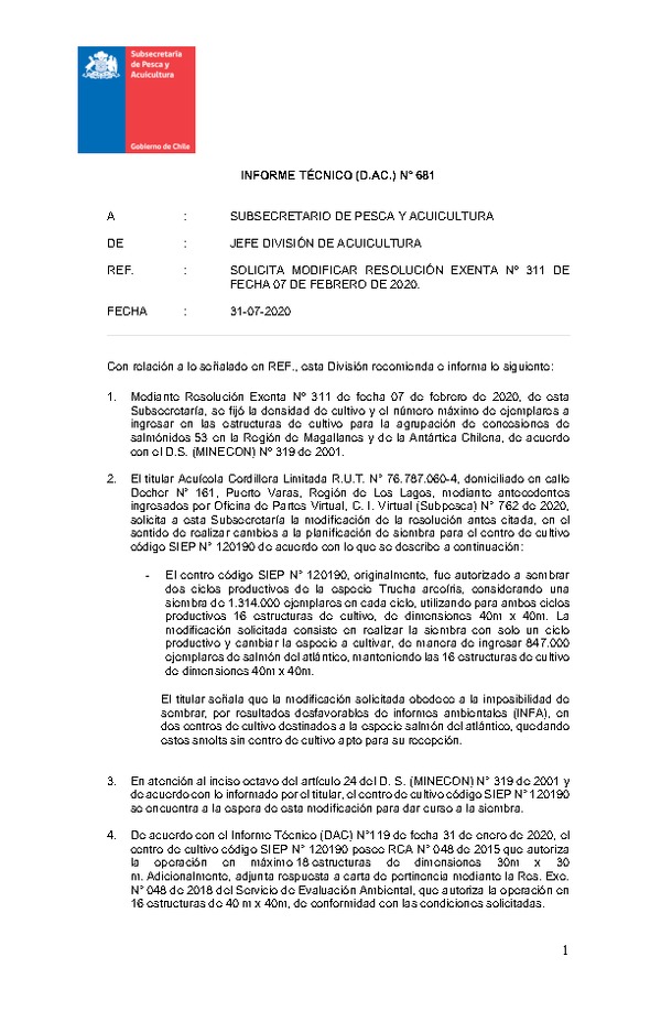 INFORME TÉCNICO (D.AC.) N° 681-2020 SOLICITA MODIFICAR RESOLUCIÓN EXENTA Nº 311 DE FECHA 07 DE FEBRERO DE 2020. (Publicado en Página Web 05-08-2020)