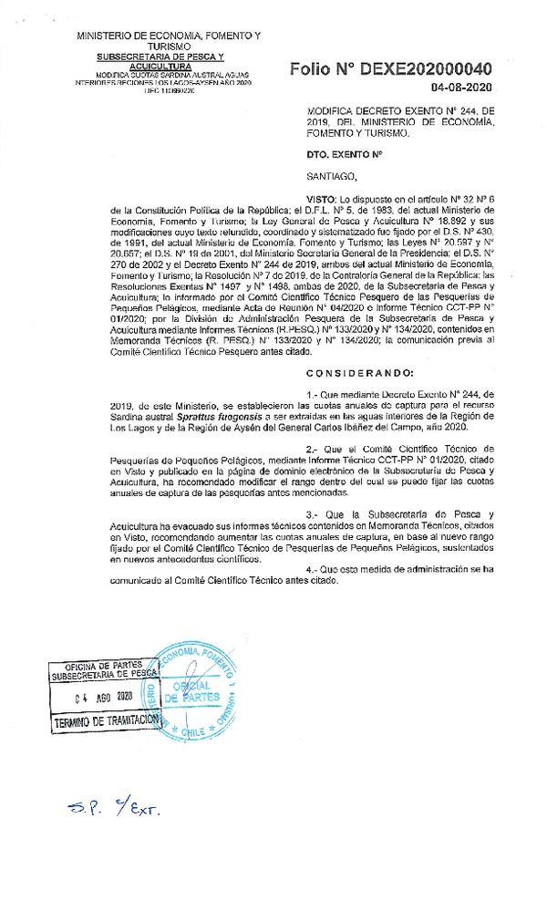 Dec. Ex. N° 040-2020 Modifica Dec. Ex. N° 244-2019 Establece Cuotas Anuales de Captura para el Recurso Sardina Austral en las Aguas Interiores Regiones de Los Lagos y Aysén, Año 2020. (Publicado en Página Web 06-08-2020)