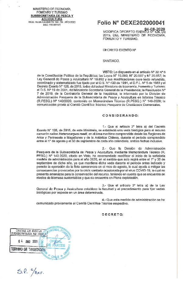 Dec. Ex. N° 041-2020 Modifica Dec. Ex. N° 126-2015 Establece Veda Biológica para Crustáceos Demersales Regiones de Arica y Parinacota a Región de Magallanes. (Publicado en Página Web 06-08-2020)