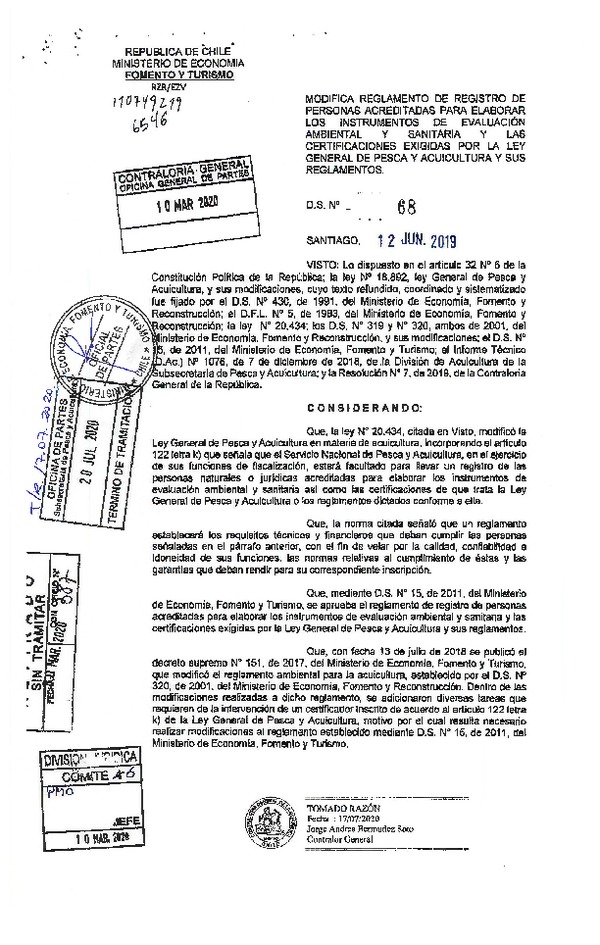 D.S. N° 68-2019 Modifica D.S. N° 15-2011 Aprueba el Reglamento de Registro de Personas Acreditadas para Elaborar los Instrumentos de Evaluación Ambiental y Sanitaria y las Certificaciones Exigidas por la Ley General de Pesca y Acuicultura y sus Reglamentos. (Publicado en Página Web 06-08-2020) (F.D.O. 06-08-2020)