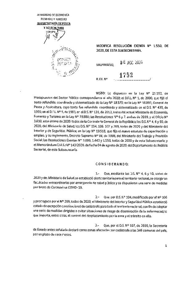 Res. Ex. N° 1752-2020 Modifica Res. Ex. N° 1550-2020 Aprueba Bases Generales de Procedimiento, Evaluación y Selección de Beneficiarios del Programa de Acciones de Capacitación para Trabajadores y Ex Trabajadores de la Industria Pesquera que Indica. (Publicado en Página Web 06-08-2020)