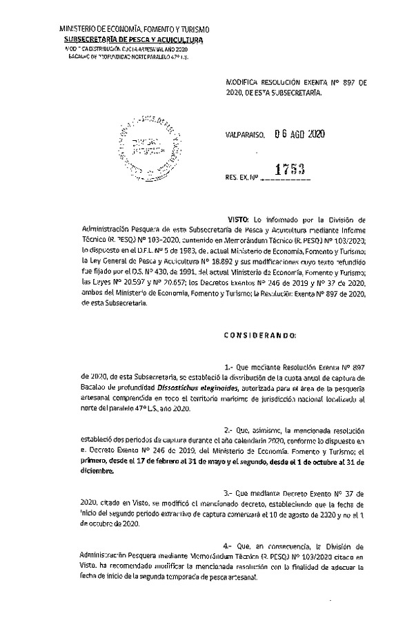 Res. Ex. N° 1753-2020 Modifica 	Res. Ex. N° 897-2020 Establece Distribución de la Cuota de Captura Artesanal de Bacalao de Profundidad, Año 2020-. (Publicado en Página Web 06-08-2020)