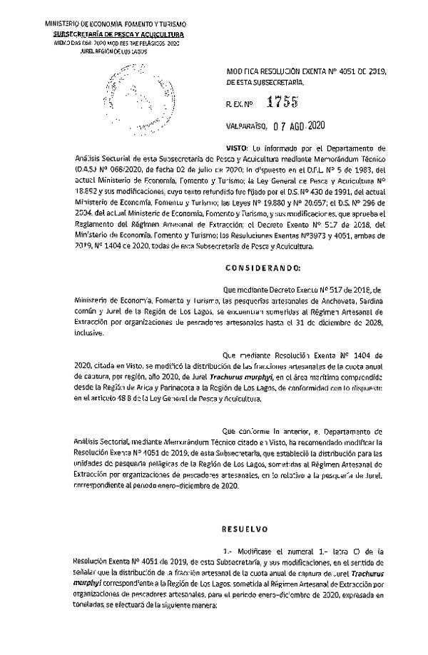 Res. Ex. N 1755-2020 Modifica Res. Ex. N° 4051-2019 Distribución de la Fracción Artesanal de Pesquería de Anchoveta, Sardina Común y Jurel, Región de Los Lagos, Año 2020. (Publicado en Página Web 07-08-2020)