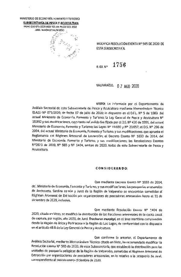 Res. Ex. N° 1756-2020 Modifica Res Ex N° 565-2020, Distribución de la fracción artesanal de pesquería de Anchoveta, Sardina Común y Jurel en la Región de Valparaíso, año 2020 (Publicado en Página Web 30-04-2020)