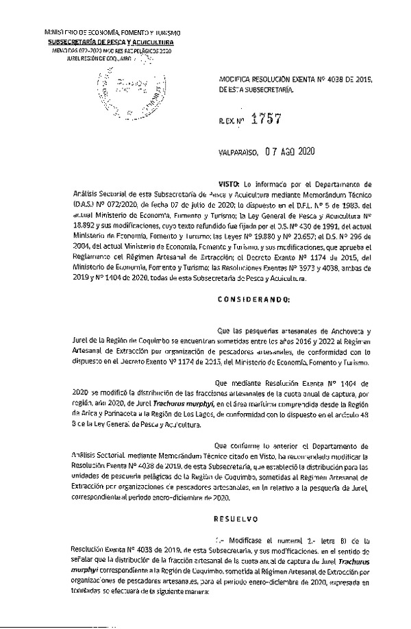 Res. Ex. N° 1757-2020 Modifica Res. Ex. N° 4038-2019 Distribución de la Fracción Artesanal de Pesquería de Anchoveta y Jurel, Región de Coquimbo, Año 2020. (Publicado en Página Web 07-08-2020)