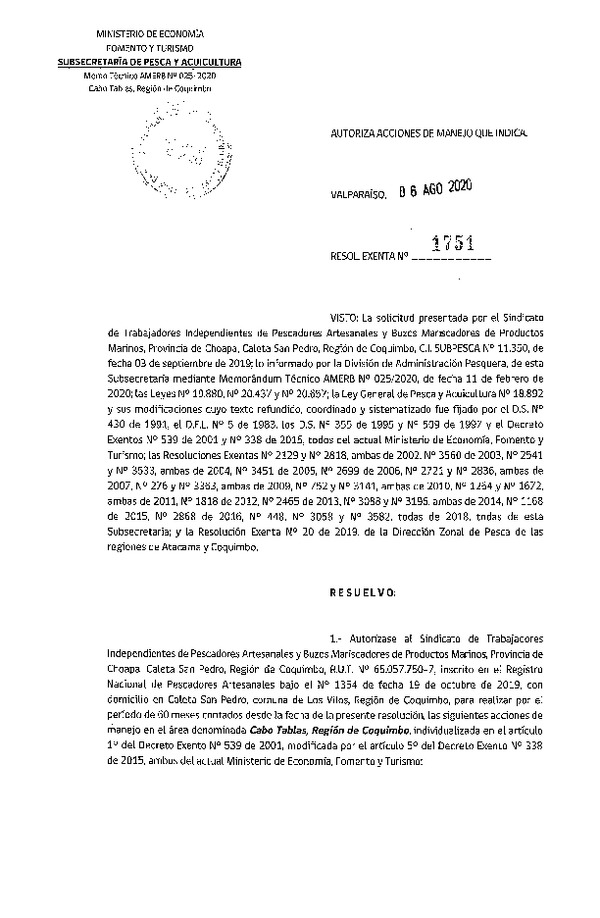 Res. Ex. N° 1751-2020 Autoriza acciones de manejo que indica. (Publicado en Página Web 10-08-2020)